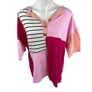 Bibi Women XL Pullover Blouse Colorblock Pink V Neck Button Casual NWT